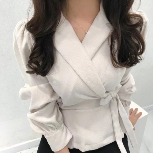 Korean chic autumn and winter French retro suit collar side lace-up waist slimming solid color puff sleeve shirt top