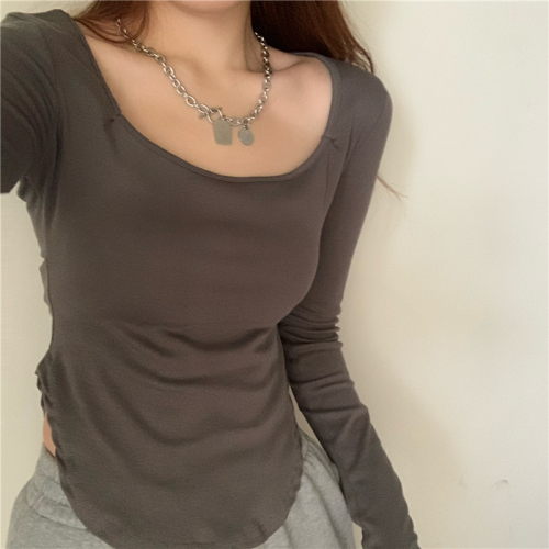 Fashion super hot Korean style new retro irregular long-sleeved T-shirt for women autumn temperament U-neck solid color top