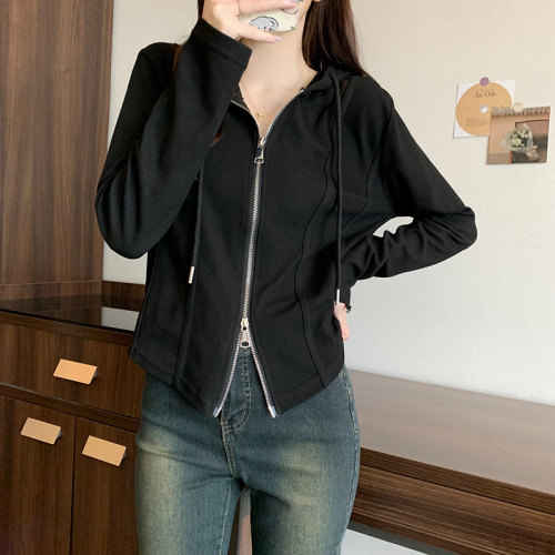 Real shot 2*2 Modal 260 short coat for women spring and autumn solid color hooded cardigan slim thin zipper long-sleeved top