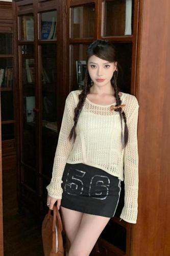 Real shot of new autumn style hollow irregular chic knitted blouse short top without suspenders