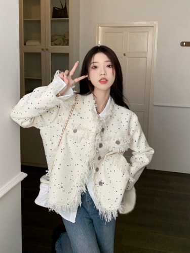 Xiaoxiangfeng jacket for women in autumn 2024 new design colorful polka dot tassel loose high-end long-sleeved top