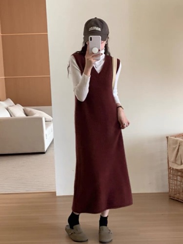 Korean style v-neck sweater dress for women in autumn and winter plus size lazy style long style pullover vest knitted vest dress