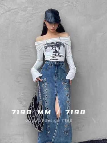 7198MM Autumn new temperament one-shoulder design letter print long-sleeved T-shirt women's slim slim top