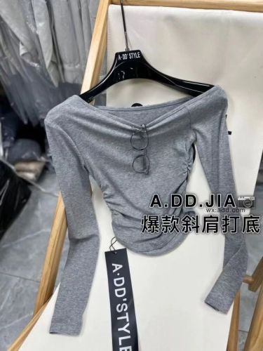 ADD Korean style autumn new style pure lust style slim waist pleated design slope collar long-sleeved T-shirt hot girl tops women