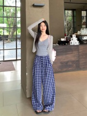 Lingerie-style V-neck camisole set for women: Pure desire Korean-inspired atmosphere, slimming top, open jacket, checkered pants, three-piece set