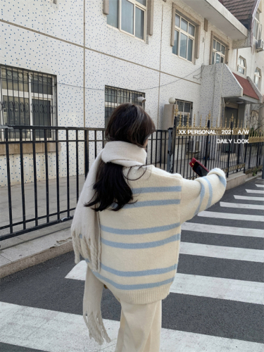 日系软糯甜美盐系炸街套装女秋冬宽松条纹毛衣灯芯绒阔腿裤两件套