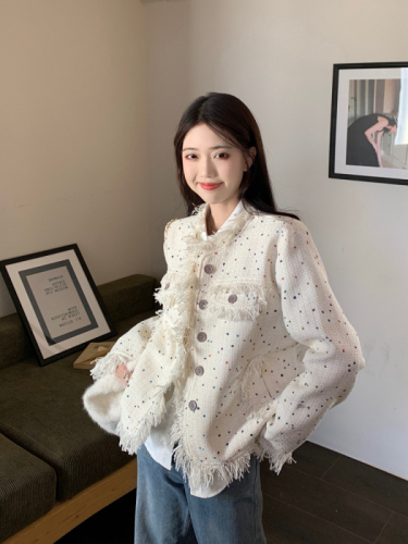 Xiaoxiangfeng jacket for women in autumn 2024 new design colorful polka dot tassel loose high-end long-sleeved top