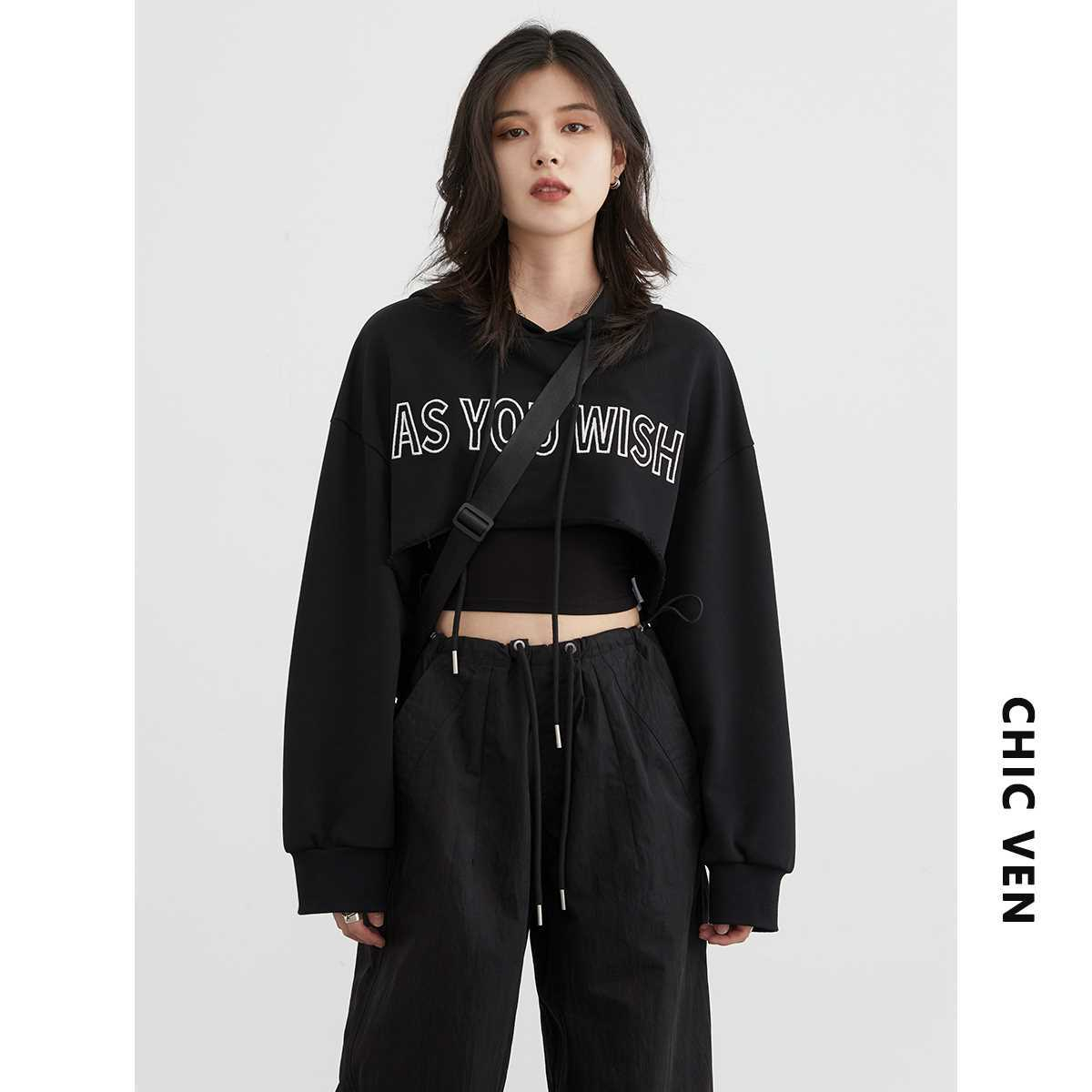 32 count double yarn new trendy hooded early autumn new street truncated hooded letter sweatshirt drawstring top