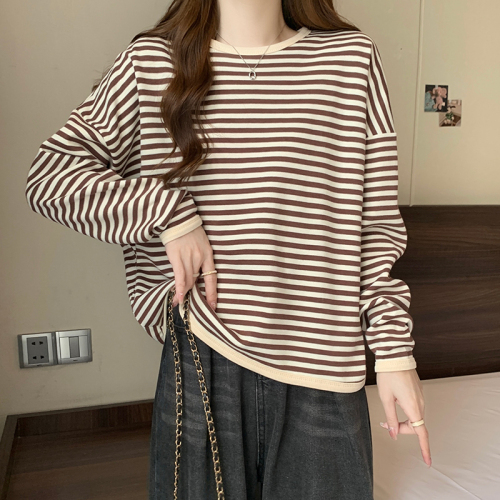 Actual shot of 250g striped sweatshirt for women spring and autumn thin 2024 round neck long-sleeved T-shirt tops large size women's 200 pounds