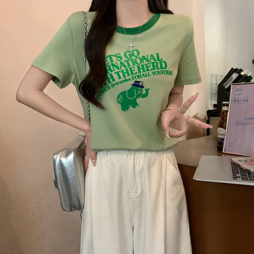 Real shot of new summer classic green elephant letter printed short-sleeved T-shirt for women