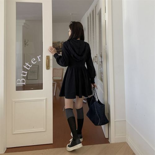 Plus size women's spring and autumn hooded sweatshirt skirt waist slimming dress A-line short skirt fat mm 200 pounds 300