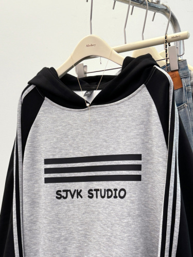 Real shot of imitation cotton Chinese cotton spring and autumn thin 2024 sweatshirt raglan sleeves trendy striped hooded Korean style women's top 200 pounds