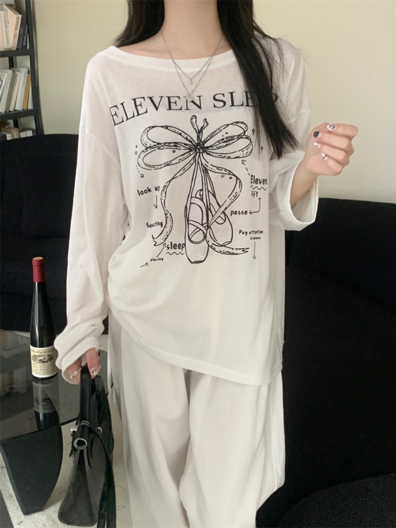 實拍 真 印花寬鬆薄款微透防曬罩衫斜肩長袖女上衣