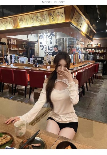 White Pure Desire One Shoulder Top Women's Autumn Design Hollow Lace Sexy Hot Girl Slim Fit Long Sleeve T-Shirt