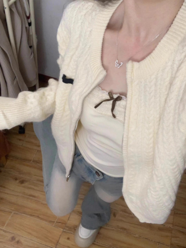 Sweet and Soft Churidar Knit Cardigan Jacket Short Zipper Top for Women Korean Version Gentle and Elegant