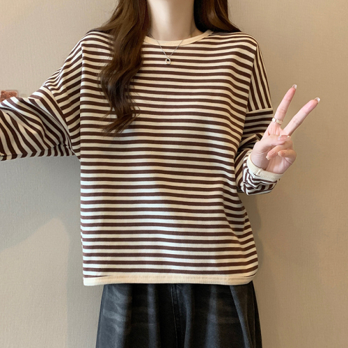 Actual shot of 250g striped sweatshirt for women spring and autumn thin 2024 round neck long-sleeved T-shirt tops large size women's 200 pounds