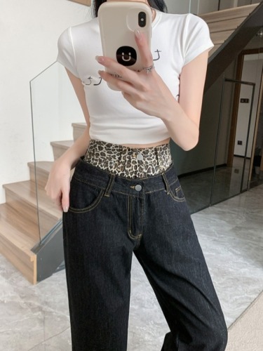 Actual shot~Designed stitching leopard print jeans for women, lazy style American retro fake two-piece straight pants