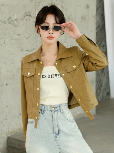 Leather jacket women's short 2024 spring new high-end motorcycle brown color slimming and age-reducing small jacket