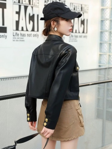 Leather jacket women's short style petite spring and autumn 2024 new Korean style slim slim motorcycle jacket top