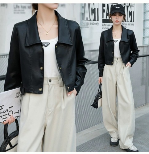 PU leather short jacket 2024 early spring and autumn new casual Korean style versatile lapel small high-end motorcycle wear