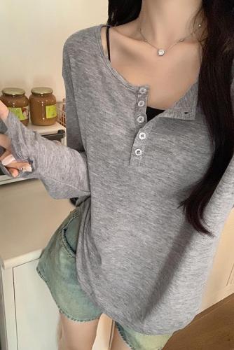 Real shot of lazy style gray half-open collar long-sleeved T-shirt for women 2024 autumn new loose and slim blouse