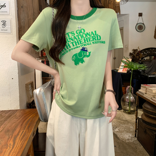 Real shot of new summer classic green elephant letter printed short-sleeved T-shirt for women