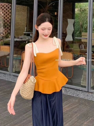 2024 summer new Korean style sweet hottie off-shoulder bow tie straps knitted small camisole women's trendy