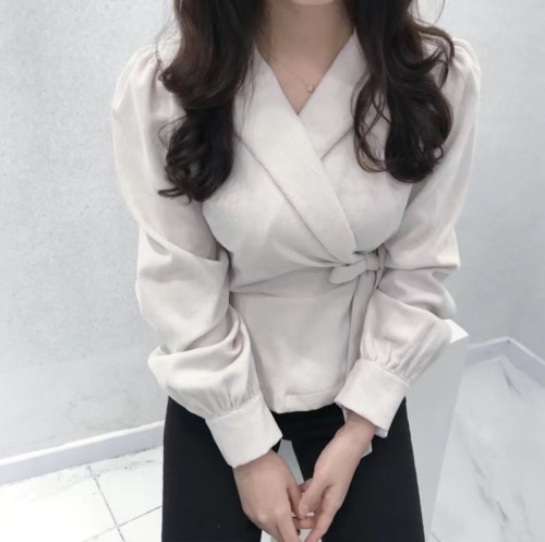 Korean chic autumn and winter French retro suit collar side lace-up waist slimming solid color puff sleeve shirt top