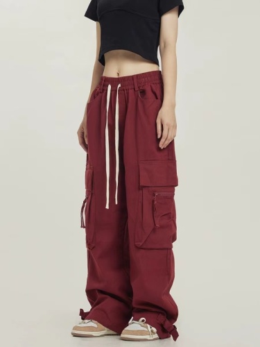 Official photo Cavalry slant American high street loose wide-leg red overalls street dance pants floor-length trousers