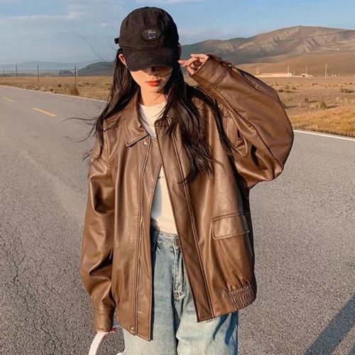 Retro Brown Leather Jacket Women's Short Spring and Autumn Korean Style Loose Leather Jacket Handsome Motorcycle Jacket for Small People