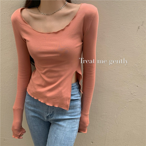 Fashionable and super hot Korean style new solid color T-shirt women's short irregular slim slit long sleeve inner layering shirt