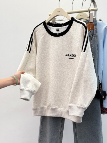 Real shot of pure cotton Chinese cotton composite milk silk spring and autumn thin M-4XL sweatshirt for women with contrasting color round neck Korean style top 200 pounds