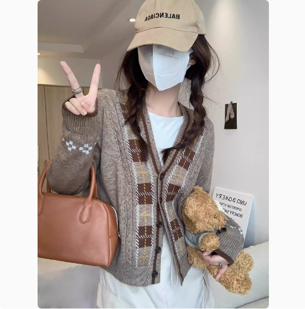 美拉德穿搭毛衣開衫女早秋小個子日系復古慵懶風撞色百搭秋針織衫