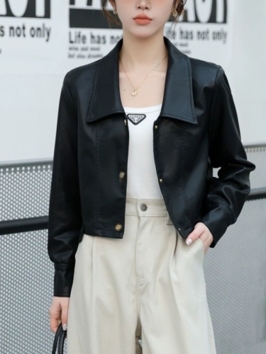 PU leather short jacket 2024 early spring and autumn new casual Korean style versatile lapel small high-end motorcycle wear