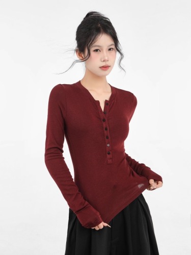 Official photo of DeRong gray v-neck long-sleeved T-shirt for women, slimming and tight-fitting inner layered shirt top