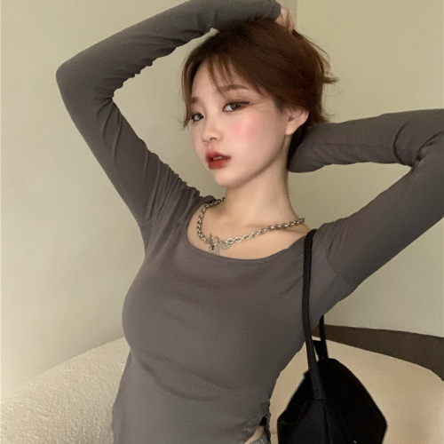 Fashion super hot Korean style new retro irregular long-sleeved T-shirt for women autumn temperament U-neck solid color top