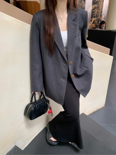 Actual shot ~ Variegated gun lapel silhouette suit jacket for women autumn casual shoulder pad suit top