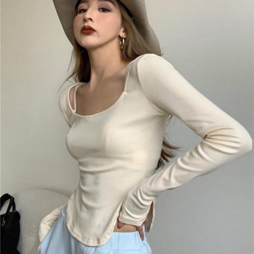 Fashion super hot Korean style new retro irregular long-sleeved T-shirt for women autumn temperament U-neck solid color top