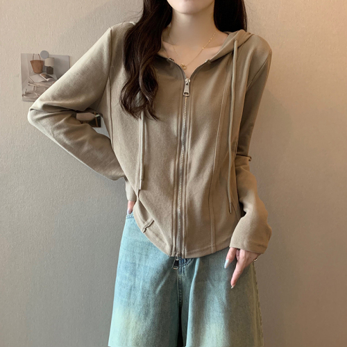 Real shot 2*2 Modal 260 short coat for women spring and autumn solid color hooded cardigan slim thin zipper long-sleeved top