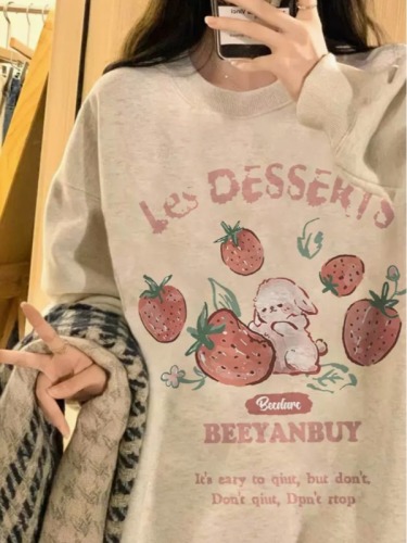 Official picture Korean version of cute strawberry bunny hooded sweatshirt round neck women's 2024 spring, autumn and winter new loose long-sleeved top