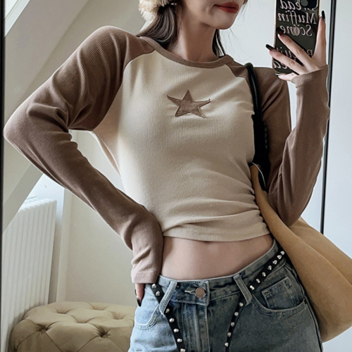 American retro star contrast stitching raglan long-sleeved T-shirt for women, versatile slim fit top, round neck slim fit