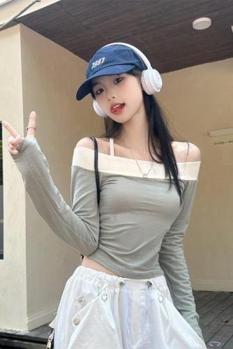 Real shot of simple T-shirt women's long-sleeved tops autumn fashion women's one-shoulder color-blocking waist versatile base