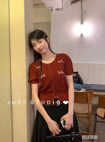 JUZI  甜美蝴蝶结薄款短袖针织开衫女2024夏季短款小个子修身上衣