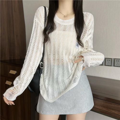 Actual shot~early autumn new style hollow loose round neck knitted long-sleeved top