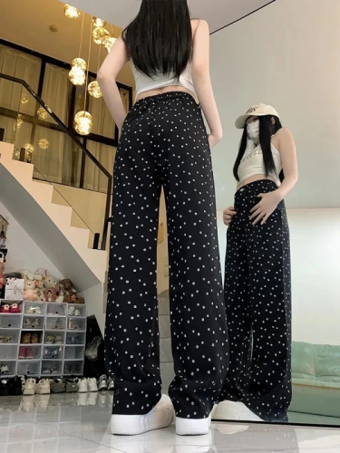 Black High-Waisted Wide-Legged Denim Pants for Spring and Summer, Retro Polka Dot, Instagram Style, Loose and Slimming, Versatile Straight Leg, Flowy