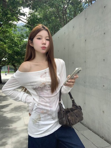 Real shot of retro bra printed thin round neck slim pure desire sun protection long-sleeved top for women