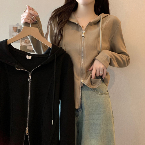 Real shot 2*2 Modal 260 short coat for women spring and autumn solid color hooded cardigan slim thin zipper long-sleeved top