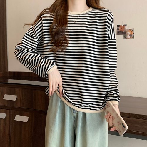 Actual shot of 250g striped sweatshirt for women spring and autumn thin 2024 round neck long-sleeved T-shirt tops large size women's 200 pounds