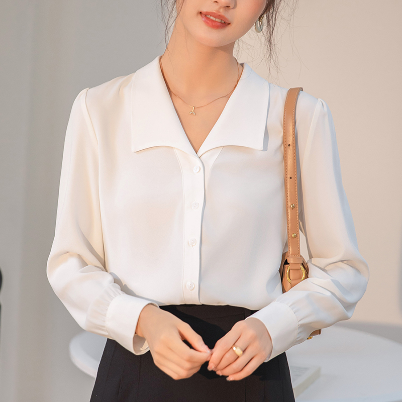 2024實拍新款藍色長袖襯衫女秋季職業通勤小衫法式上衣面試襯衫
