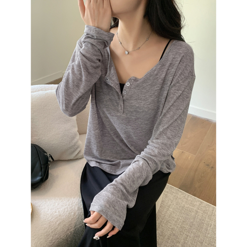 Real shot of lazy style gray half-open collar long-sleeved T-shirt for women 2024 autumn new loose and slim blouse